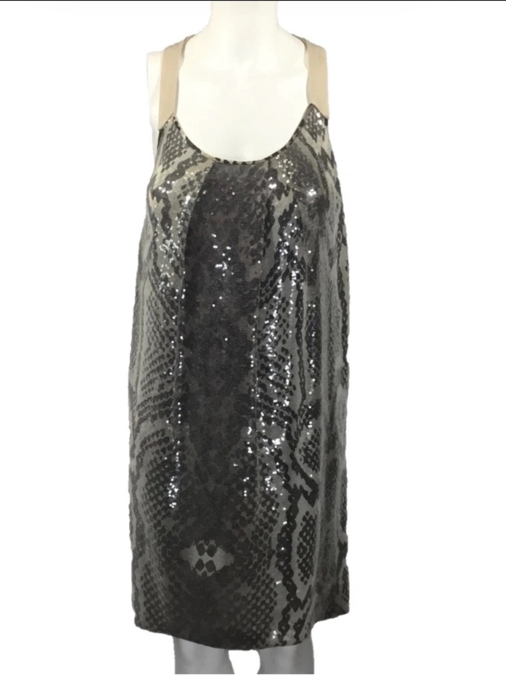 RACHEL Rachel Roy Silver Sequin Shift Dress with Taupe Straps